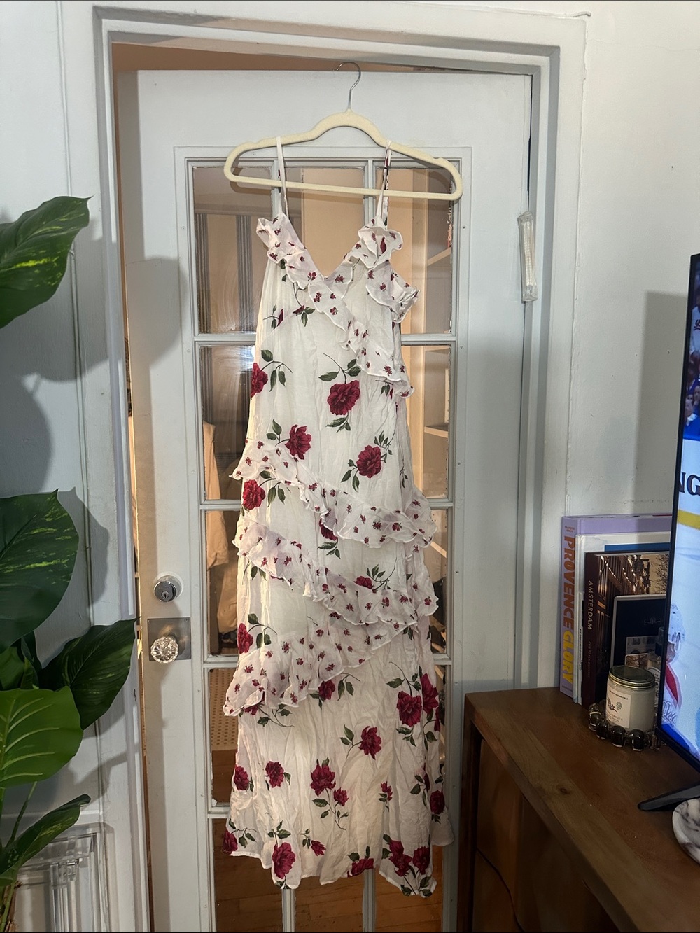 White Floral Ruffle Maxi Dress with Red Rose Print